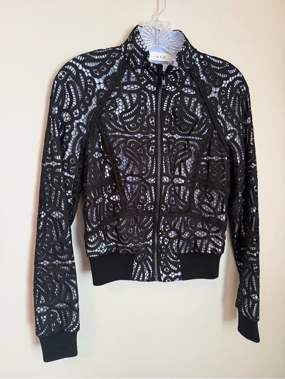 A.L.C. Black Lace Overlay Zip Bomber Jacket